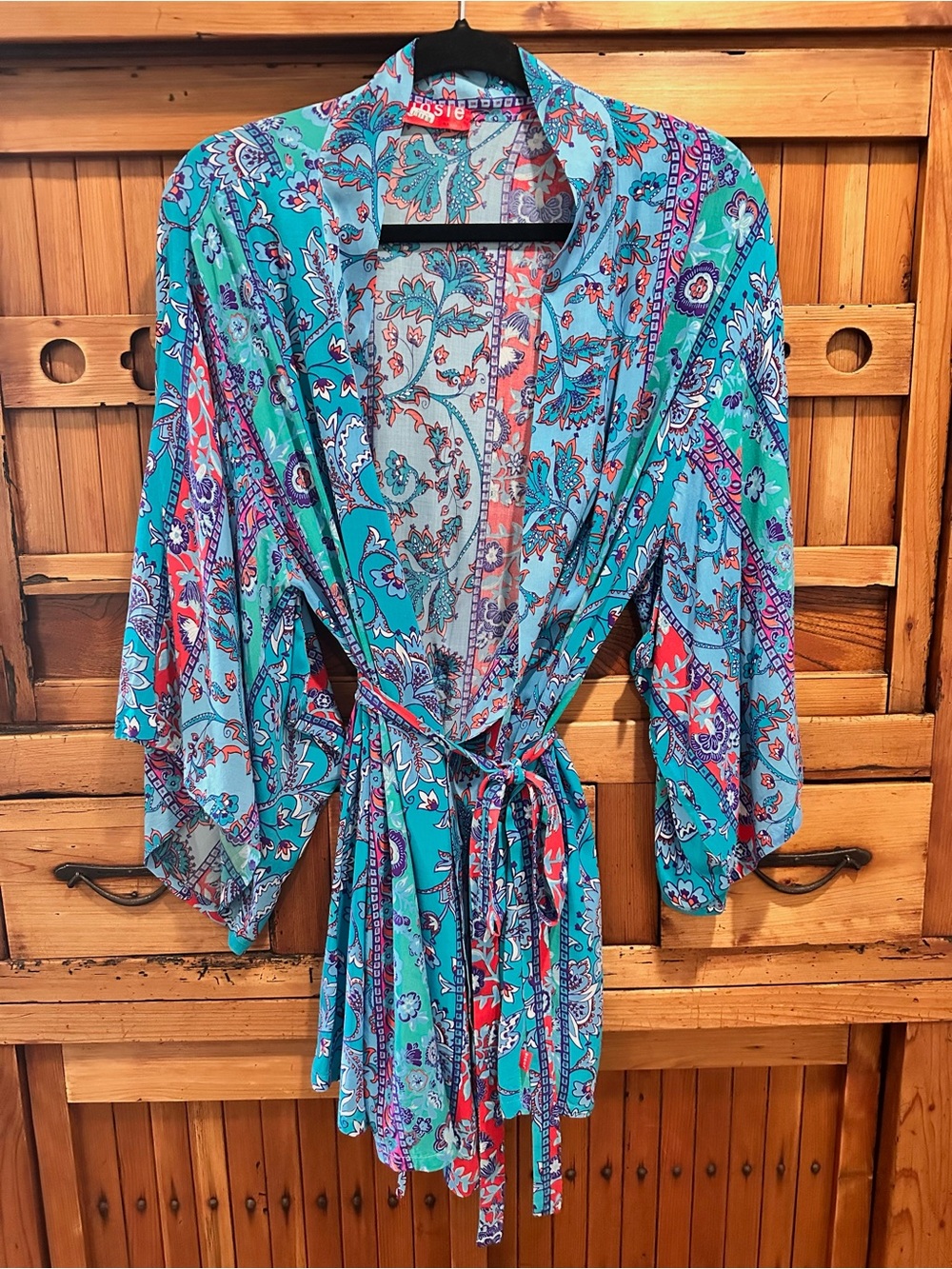 Josie Natori Turquoise Floral Tie-Waist Kimono Robe.  Size: Medium.